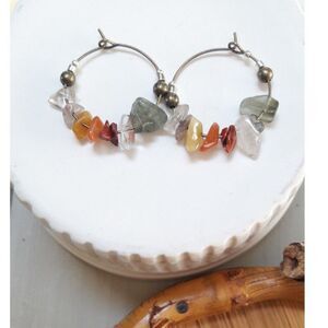 Green Agate Antique.Bronze Hoops Hidden Meaning earrings Natural Elements,  374■